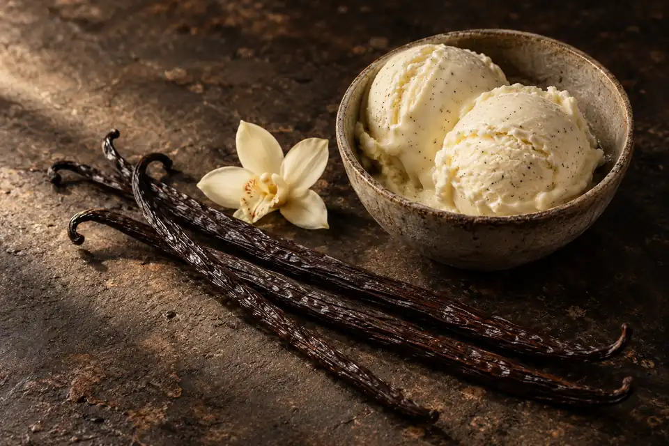 Cured vanilla pods and vanilla ice cream with visible seeds on a dark stone surface
